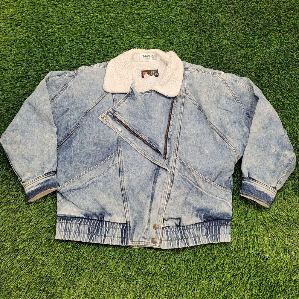 Vintage 80s Andy Johns Denim Moto Jacket M Sherpa Lined Acid Wash Biker Made USA